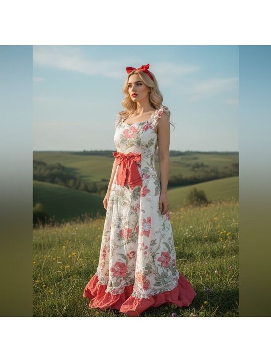 victorian choice Dresses & Skirts - 🎉HP🎉Victorian Choice Floral Cottagecore Midi Dress w/ Coral Ruffle Bow - Small